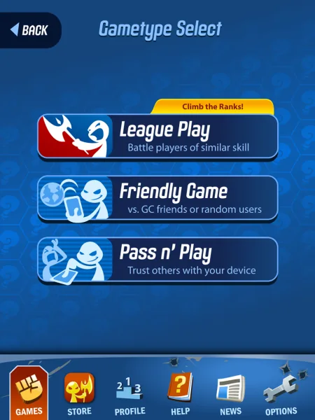 Spielmodus-Auswahl mit League Play