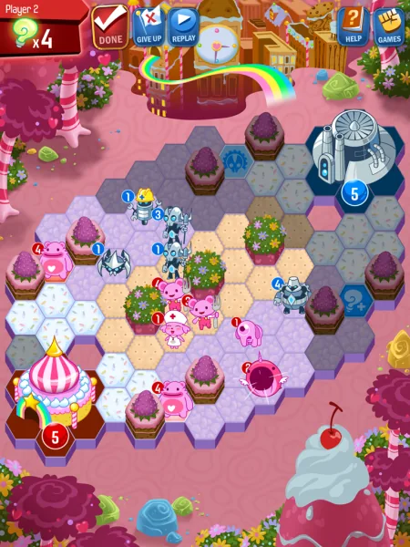 Adorables und Feedback kämpfen auf der rosa Zuckerwelt-Hexkarte