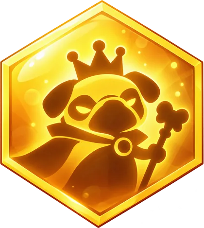 Die Puggyni, das fünfte Volk: ein Mops mit Krone, Umhang und Knochenzepter in einem goldenen Hexagon